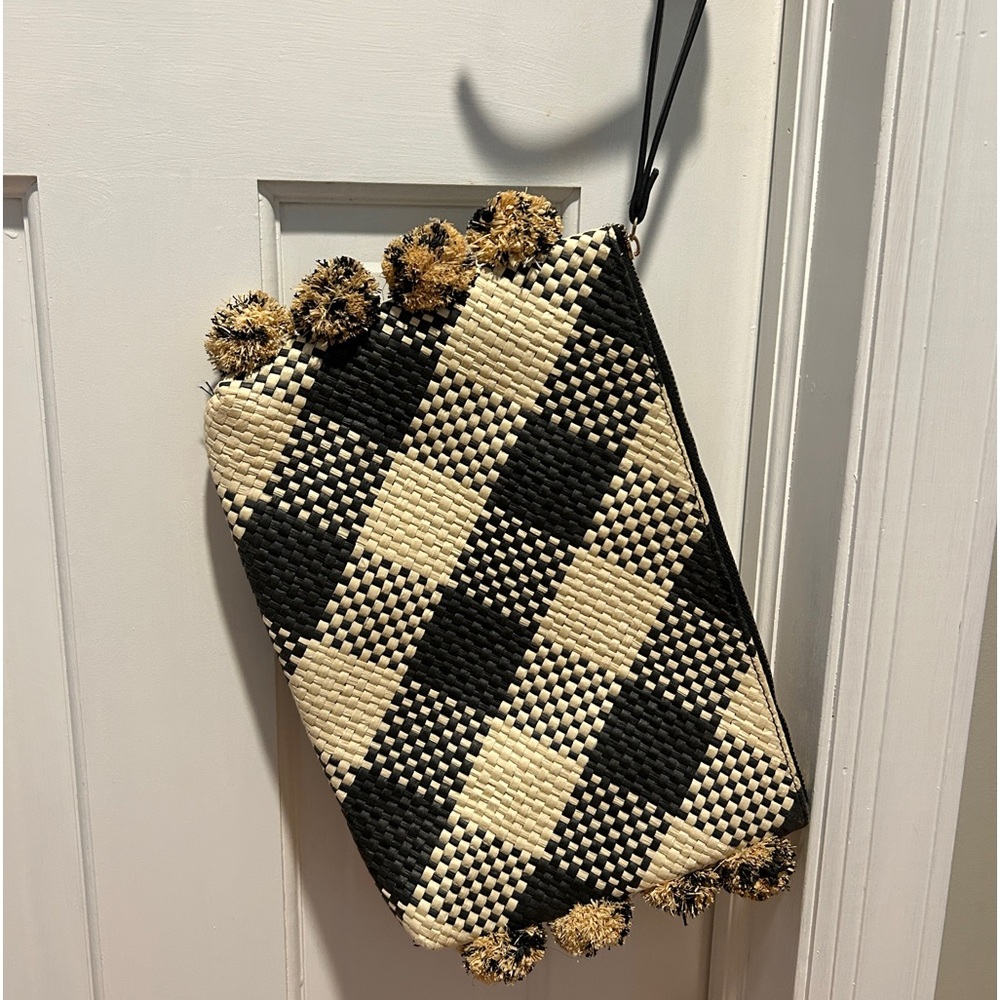 Checkered rattan clutch with pop poms!